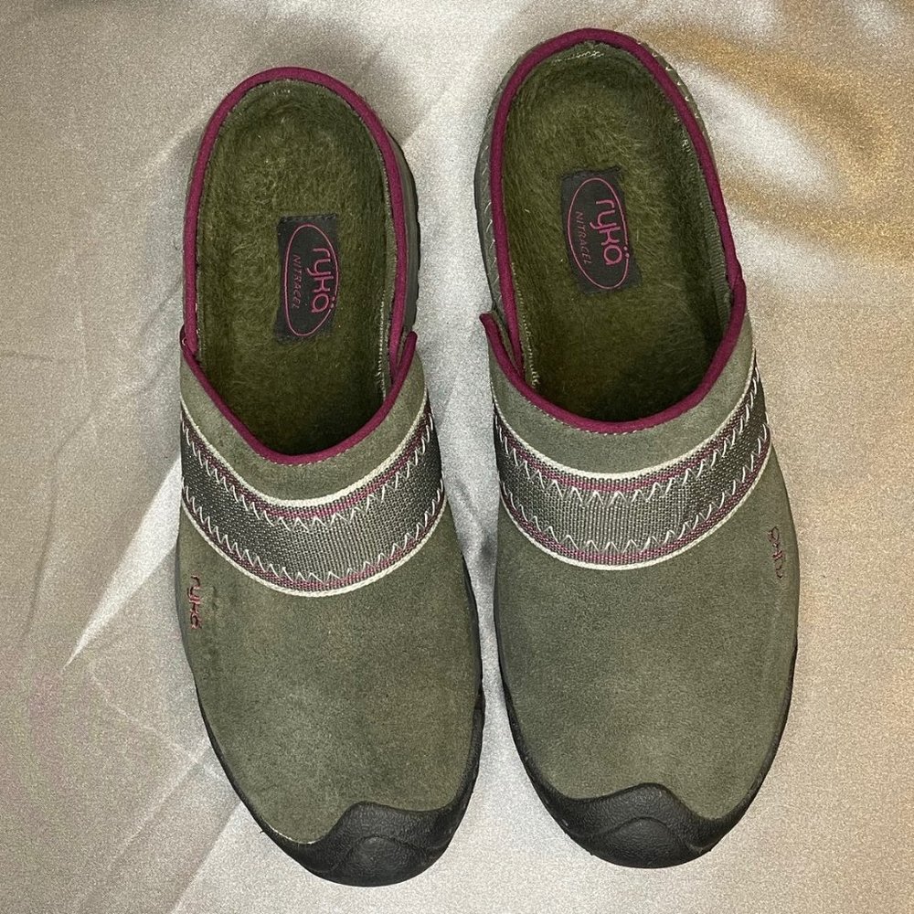 Ryka Nitracel Clogs-Olive Green Suede with Magenta & Cream Accents, Size 9